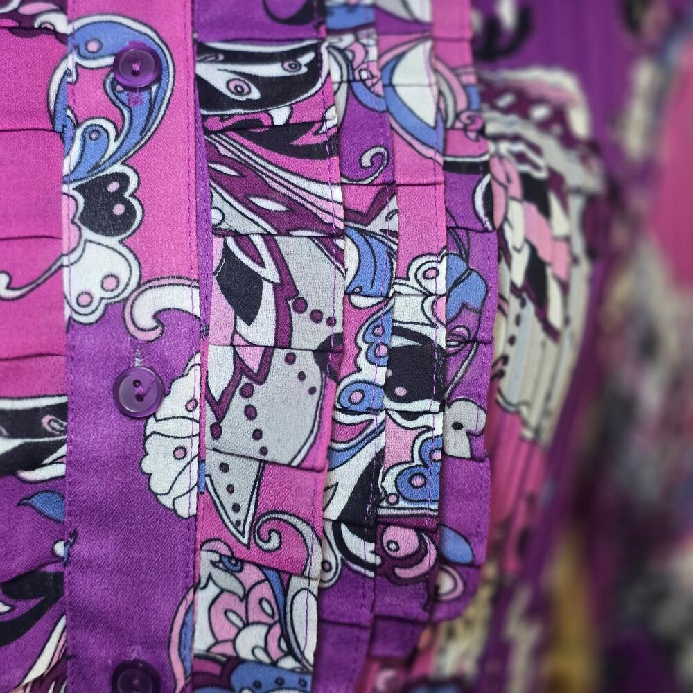 Sunny Leigh Pleated Ruffle Blouse M Purple Floral Paisley Long Sleeve Boho - Picture 5 of 7